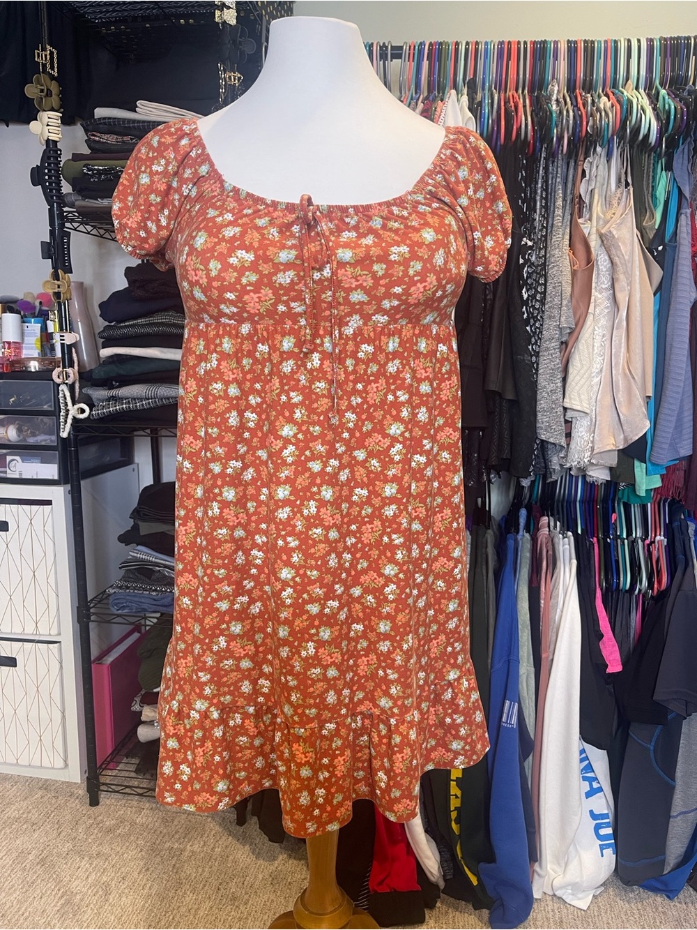 SO Peach Floral Ruffle-Neck Slip Dress